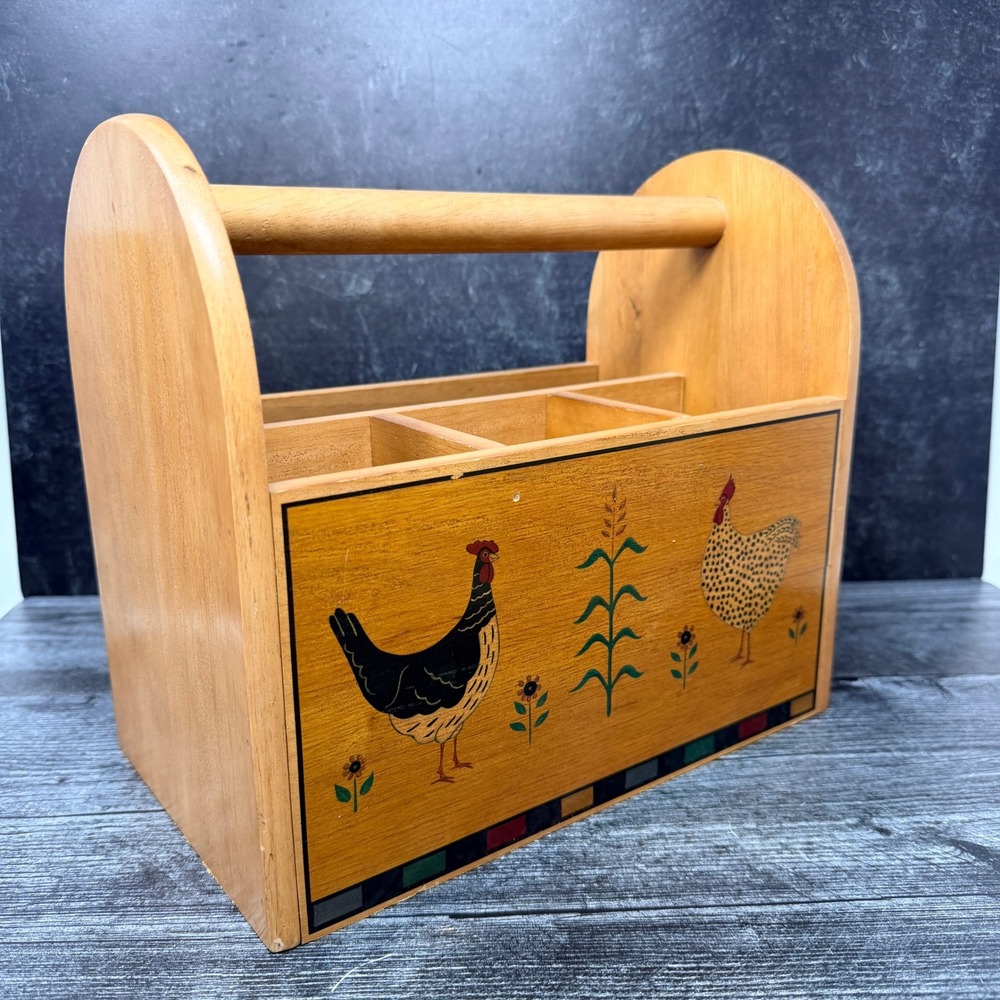 M. Kamenstein Wooden Caddy Rooster Folk Art Wood Brown 1990s Kitchen Organizer - Picture 4 of 8